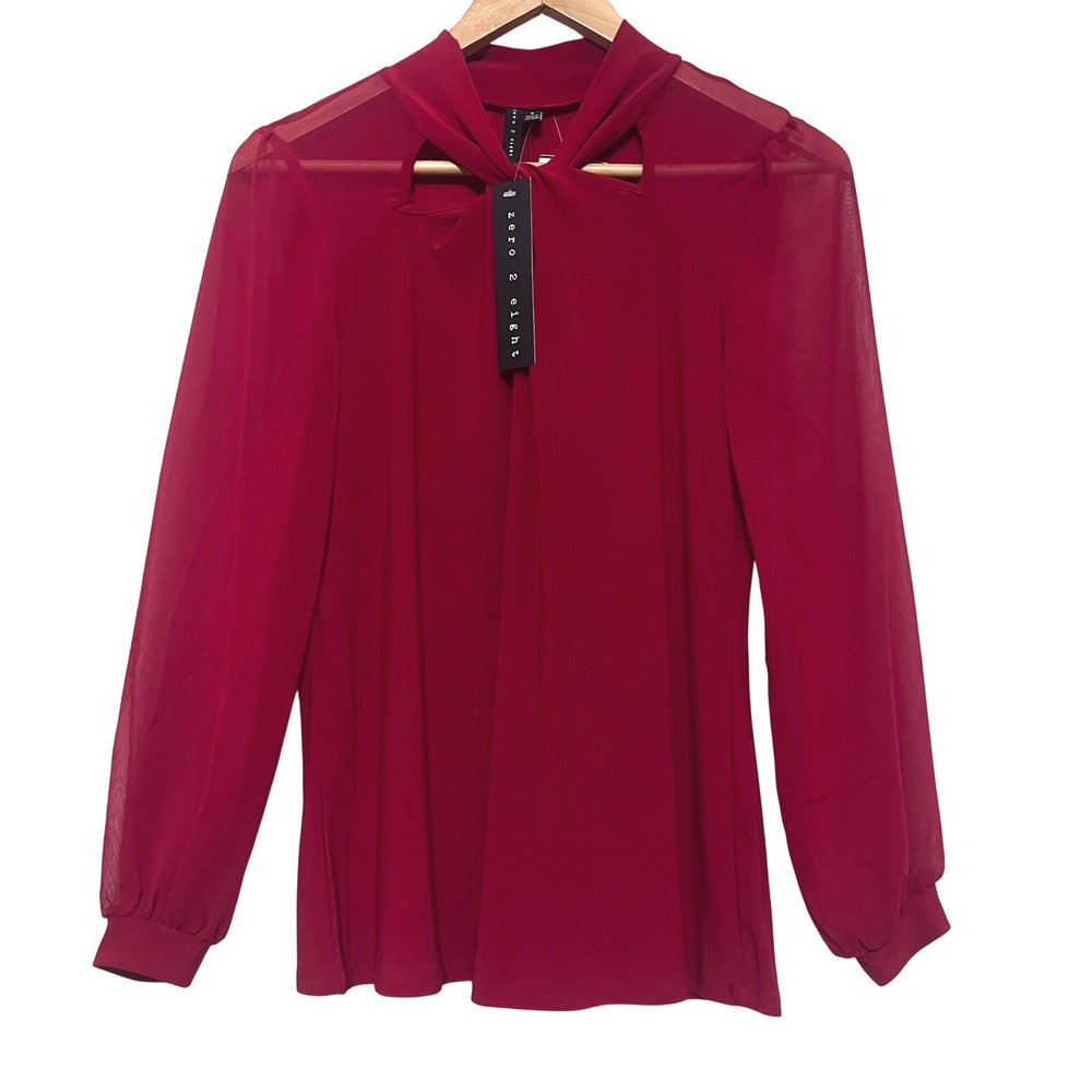 NWT Zero 2 Eight Vibrant Red Sheer Sleeve Twist Neck‎ Romantic Blouse Top Size S